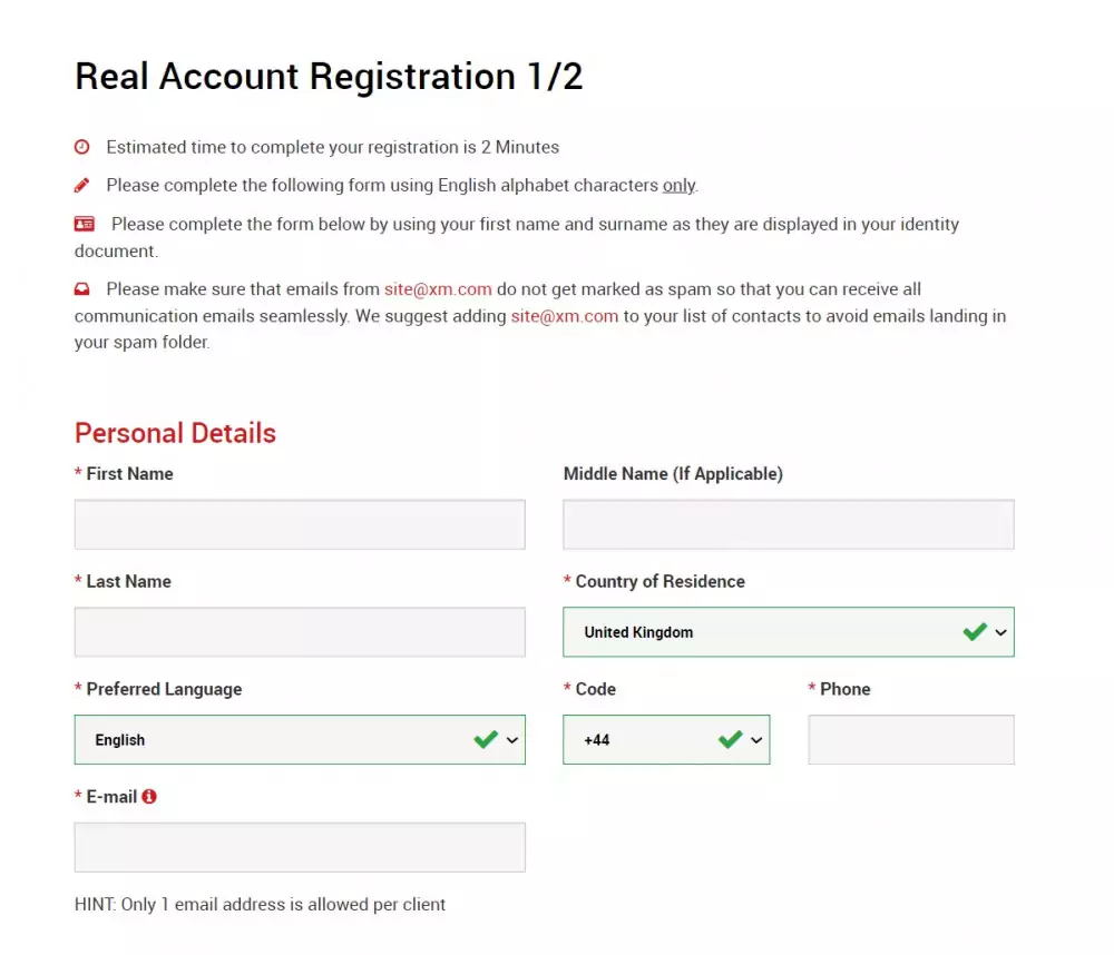 XM Group registration page